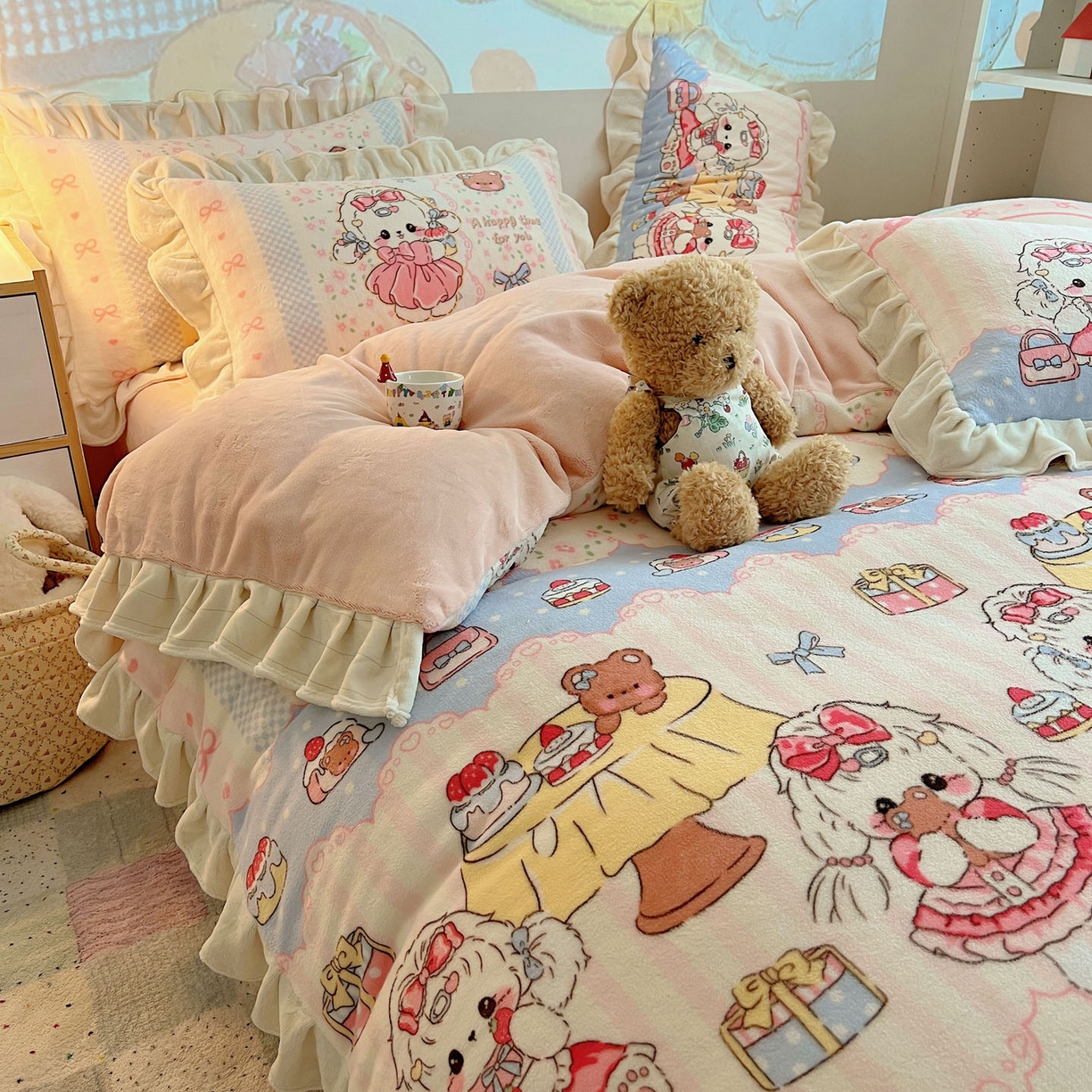 91家纺网 家纺一手货源 找家纺 沐慕 2025新款高克重花边款牛奶绒四件套 花边-洛丽塔