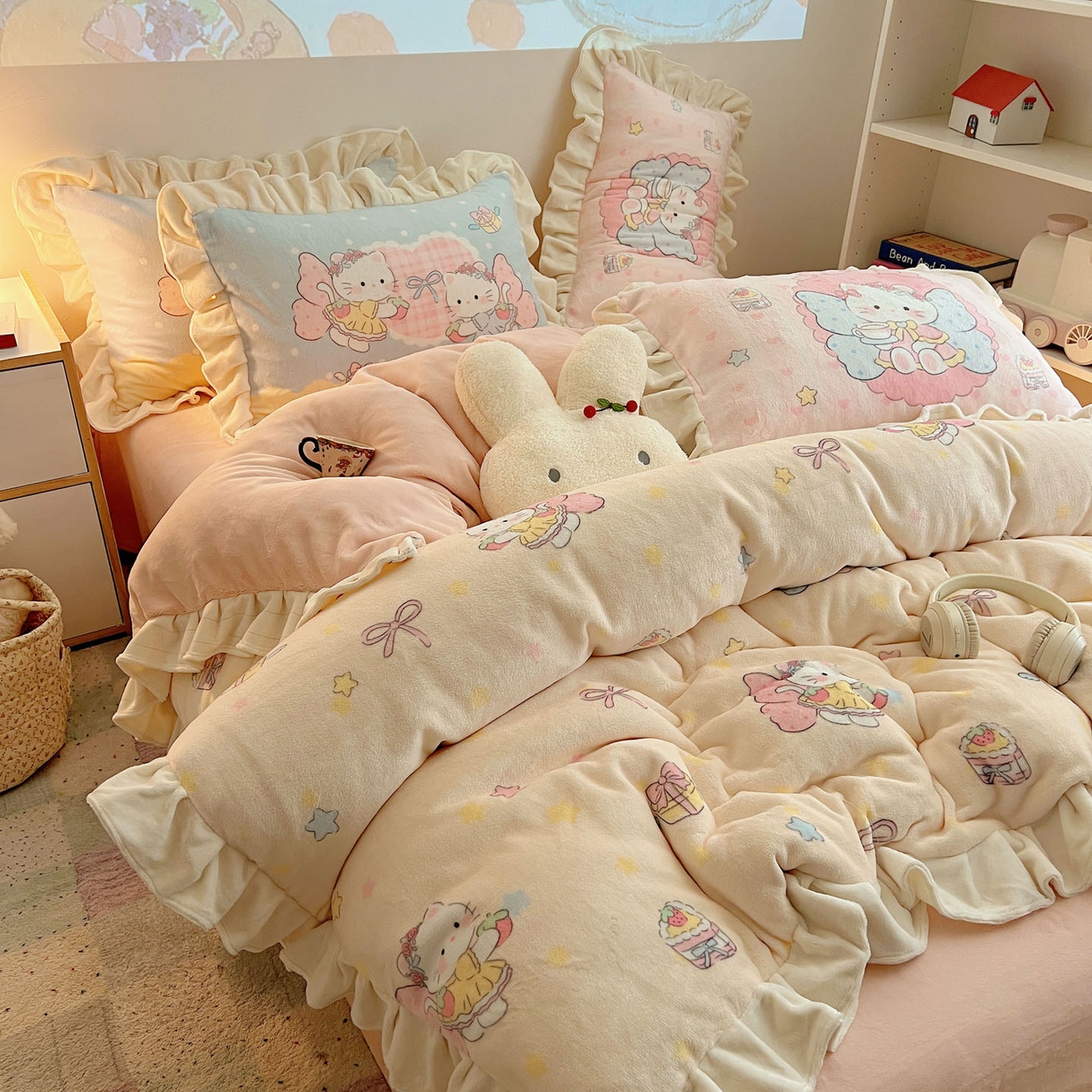 91家纺网 家纺一手货源 找家纺 沐慕 2025新款高克重花边款牛奶绒四件套 花边-猫咪仙子