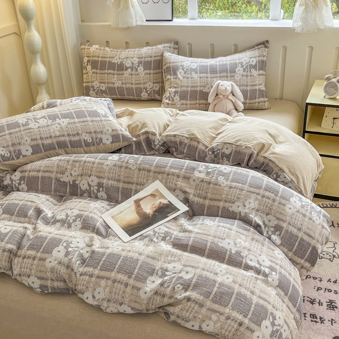 91家纺网 家纺一手货源 找家纺 菡宝 2025新款全棉纯棉色织双层纱提花四件套支持定制定做尺寸 埃利瑟-卡其