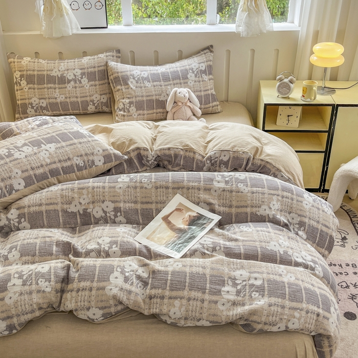 91家纺网 家纺一手货源 找家纺 菡宝 2025新款全棉纯棉色织双层纱提花四件套支持定制定做尺寸 埃利瑟-卡其