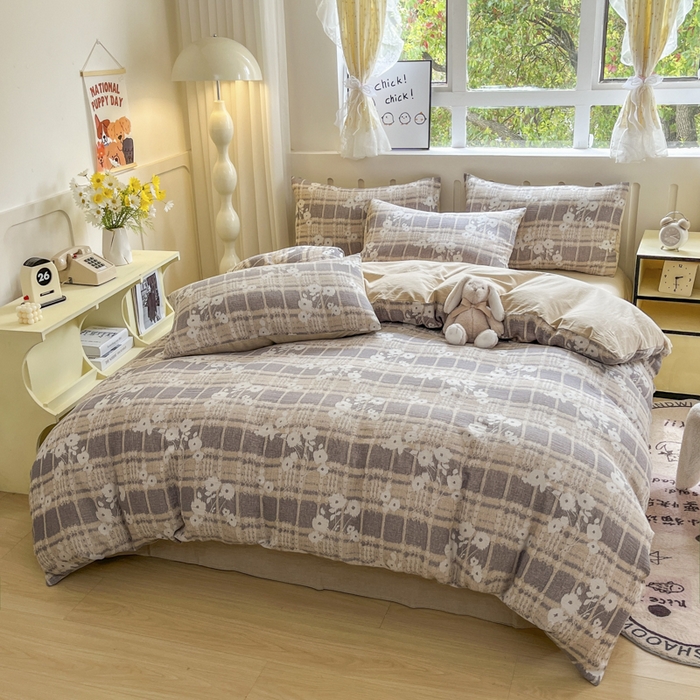 91家纺网 家纺一手货源 找家纺 菡宝 2025新款全棉纯棉色织双层纱提花四件套支持定制定做尺寸 埃利瑟-卡其