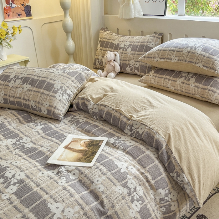 91家纺网 家纺一手货源 找家纺 菡宝 2025新款全棉纯棉色织双层纱提花四件套支持定制定做尺寸 埃利瑟-卡其