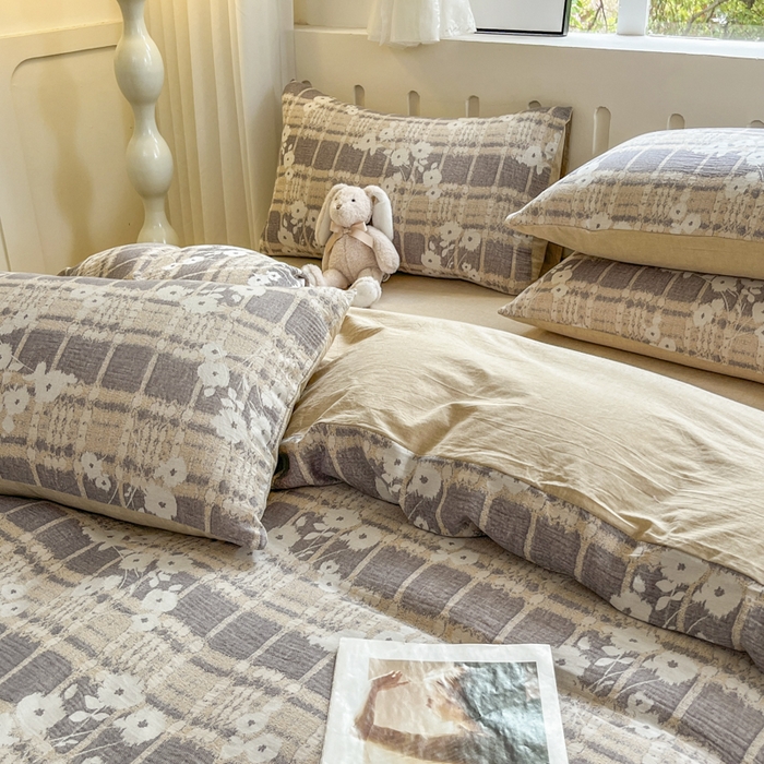 91家纺网 家纺一手货源 找家纺 菡宝 2025新款全棉纯棉色织双层纱提花四件套支持定制定做尺寸 埃利瑟-卡其