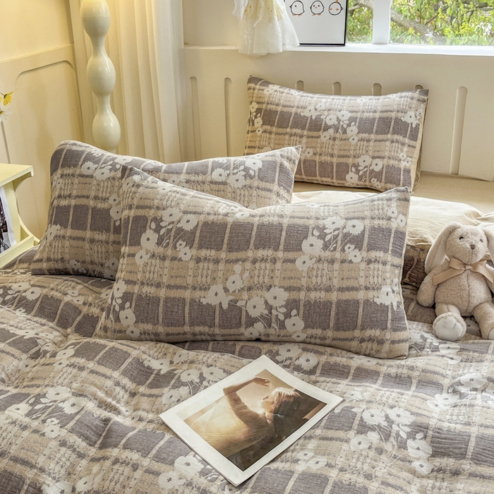 91家纺网 家纺一手货源 找家纺 菡宝 2025新款全棉纯棉色织双层纱提花四件套支持定制定做尺寸 埃利瑟-卡其