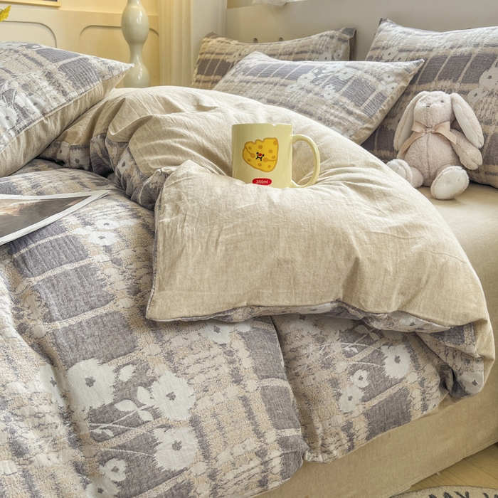 91家纺网 家纺一手货源 找家纺 菡宝 2025新款全棉纯棉色织双层纱提花四件套支持定制定做尺寸 埃利瑟-卡其