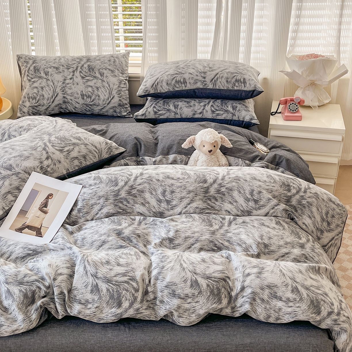 91家纺网 家纺一手货源 找家纺 菡宝 2025新款全棉纯棉色织双层纱提花四件套支持定制定做尺寸 豹纹