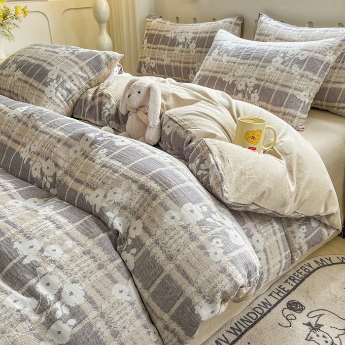 91家纺网 家纺一手货源 找家纺 菡宝 2025新款全棉纯棉色织双层纱提花四件套支持定制定做尺寸 埃利瑟-卡其