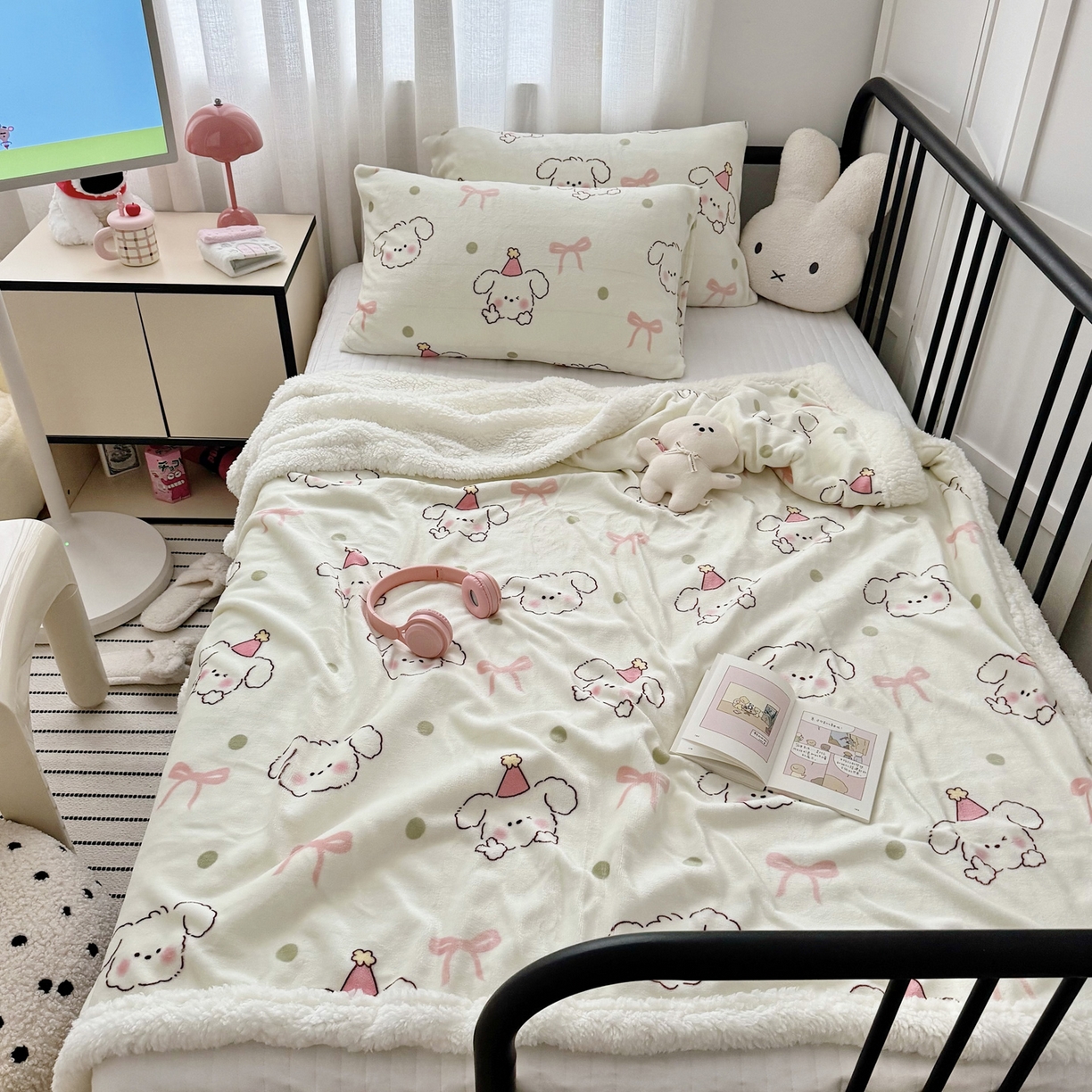 大元 2025新款ins加厚小清新牛奶绒羊羔绒毛毯午睡毯沙发盖毯 线条小狗