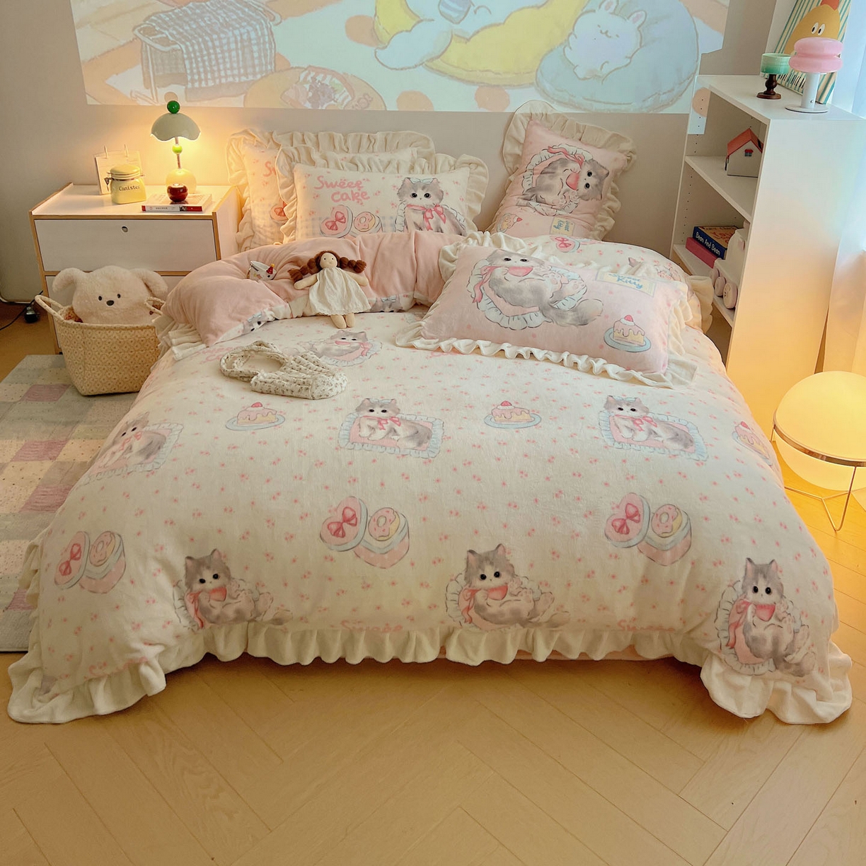 91家纺网 家纺一手货源 找家纺 沐慕 2025新款高克重花边款牛奶绒四件套 花边-玫瑰粉喵