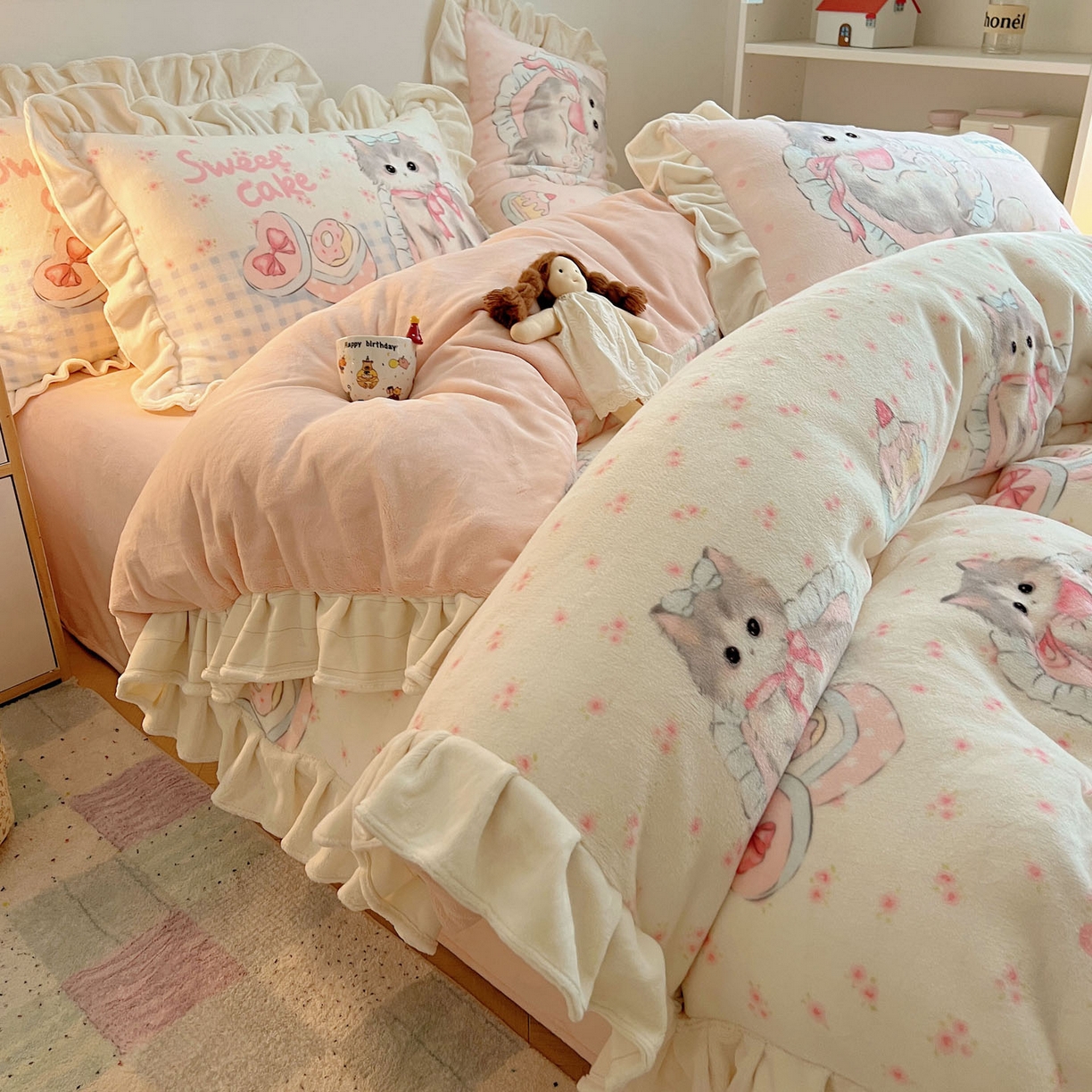 91家纺网 家纺一手货源 找家纺 沐慕 2025新款高克重花边款牛奶绒四件套 花边-玫瑰粉喵