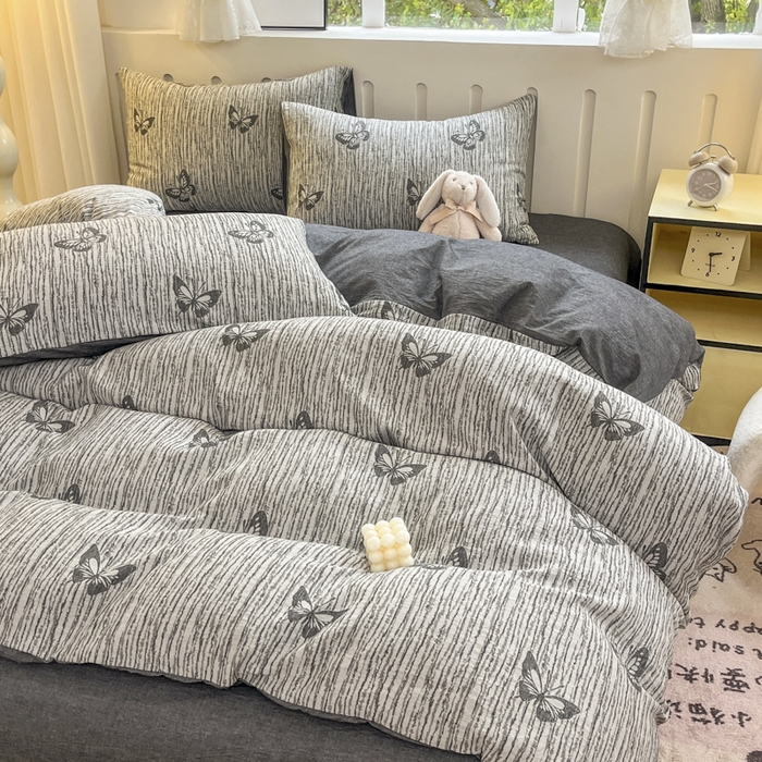 91家纺网 家纺一手货源 找家纺 菡宝 2025新款全棉纯棉色织双层纱提花四件套支持定制定做尺寸 蝶舞-灰