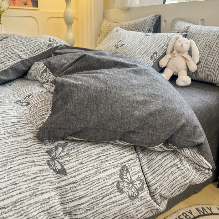 91家纺网 家纺一手货源 找家纺 菡宝 2025新款全棉纯棉色织双层纱提花四件套支持定制定做尺寸 蝶舞-灰