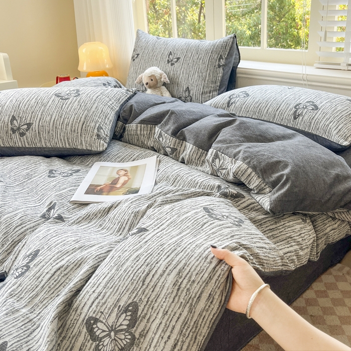 91家纺网 家纺一手货源 找家纺 菡宝 2025新款全棉纯棉色织双层纱提花四件套支持定制定做尺寸 蝶舞-灰