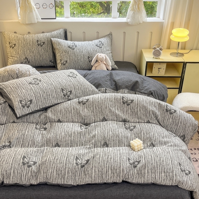 91家纺网 家纺一手货源 找家纺 菡宝 2025新款全棉纯棉色织双层纱提花四件套支持定制定做尺寸 蝶舞-灰