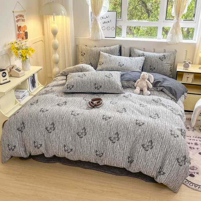 91家纺网 家纺一手货源 找家纺 菡宝 2025新款全棉纯棉色织双层纱提花四件套支持定制定做尺寸 蝶舞-灰