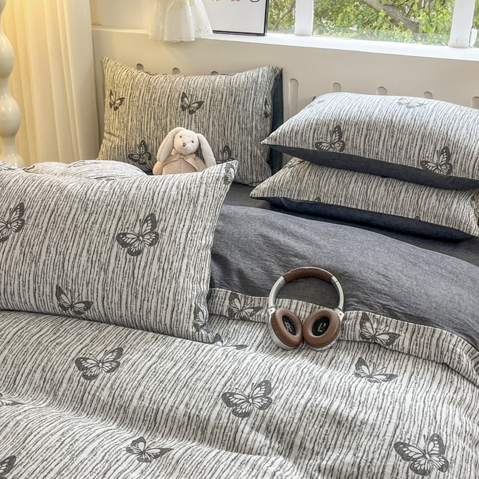 91家纺网 家纺一手货源 找家纺 菡宝 2025新款全棉纯棉色织双层纱提花四件套支持定制定做尺寸 蝶舞-灰