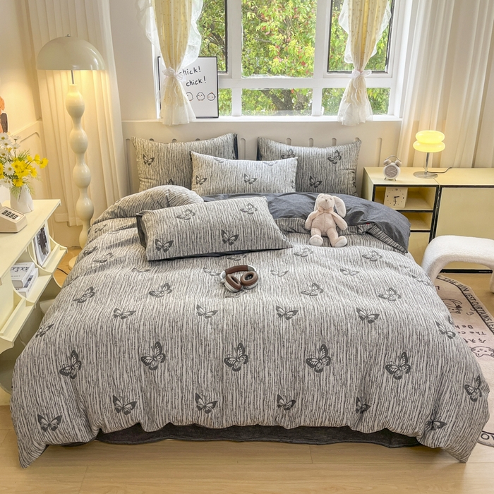 91家纺网 家纺一手货源 找家纺 菡宝 2025新款全棉纯棉色织双层纱提花四件套支持定制定做尺寸 蝶舞-灰