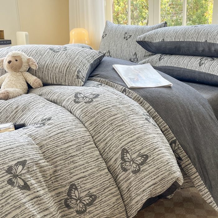 91家纺网 家纺一手货源 找家纺 菡宝 2025新款全棉纯棉色织双层纱提花四件套支持定制定做尺寸 蝶舞-灰