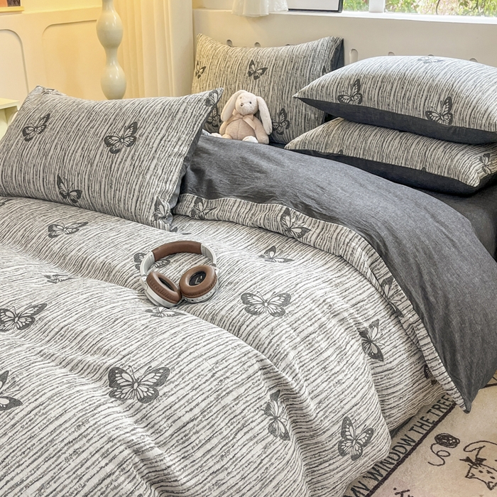 91家纺网 家纺一手货源 找家纺 菡宝 2025新款全棉纯棉色织双层纱提花四件套支持定制定做尺寸 蝶舞-灰