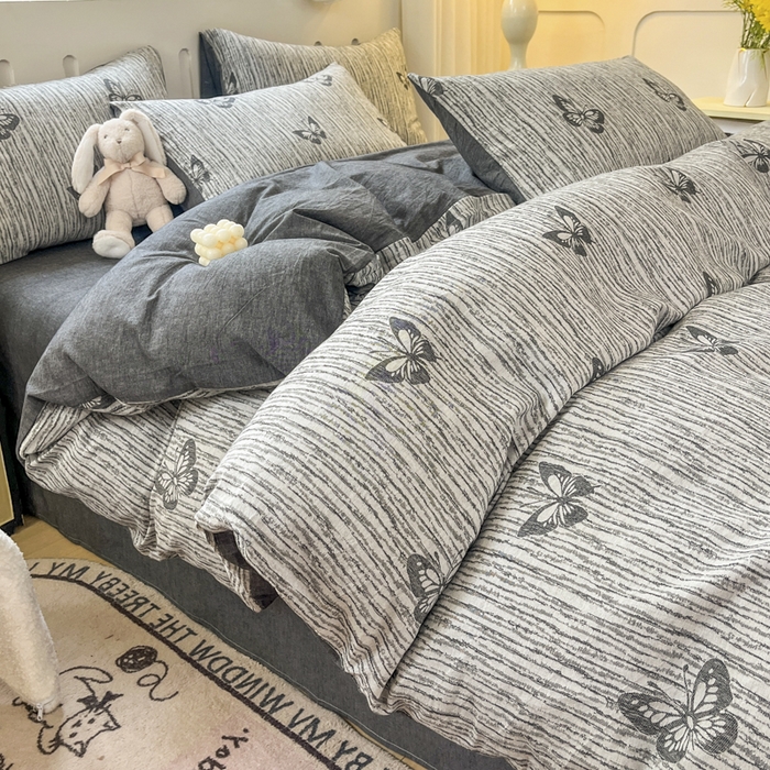 91家纺网 家纺一手货源 找家纺 菡宝 2025新款全棉纯棉色织双层纱提花四件套支持定制定做尺寸 蝶舞-灰