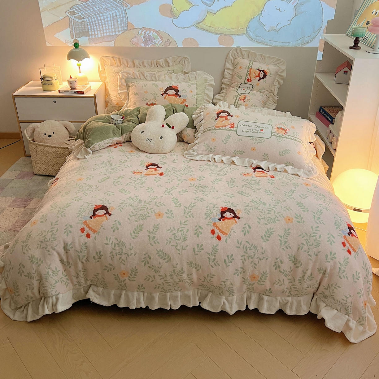 91家纺网 家纺一手货源 找家纺 沐慕 2025新款高克重花边款牛奶绒四件套 花边-森林女孩