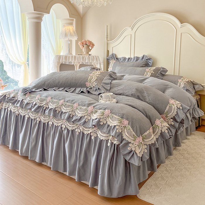 91家纺网 家纺一手货源 找家纺 （总）网红馆（ck家纺） 2025新款水洗真丝蕾丝刺绣床裙四件套-慕尚