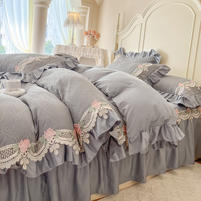 91家纺网 家纺一手货源 找家纺 网红馆（ck家纺） 2025新款水洗真丝蕾丝刺绣床裙四件套-慕尚 工装灰