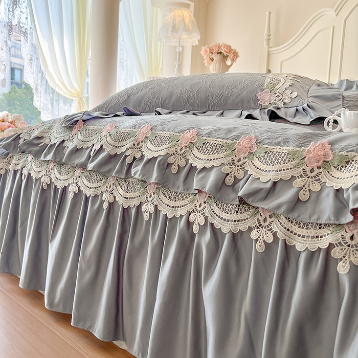 91家纺网 家纺一手货源 找家纺 网红馆（ck家纺） 2025新款水洗真丝蕾丝刺绣床裙四件套-慕尚 工装灰