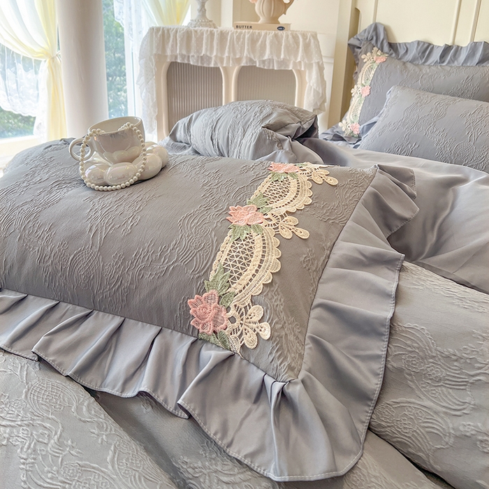 91家纺网 家纺一手货源 找家纺 网红馆（ck家纺） 2025新款水洗真丝蕾丝刺绣床裙四件套-慕尚 工装灰