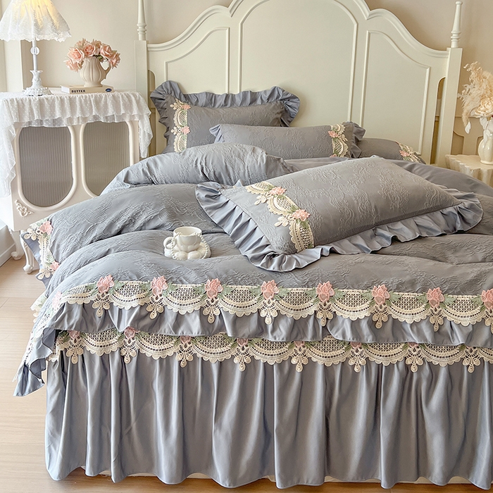 91家纺网 家纺一手货源 找家纺 网红馆（ck家纺） 2025新款水洗真丝蕾丝刺绣床裙四件套-慕尚 工装灰