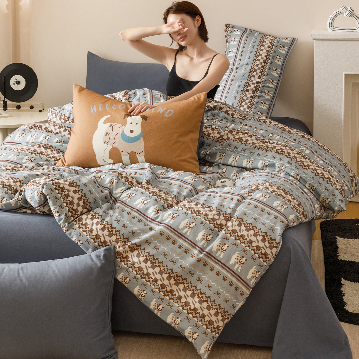 RYB红黄兰 2025新款费尔岛系全棉纯棉加厚磨毛数码印花四件套 费尔岛小犬蓝