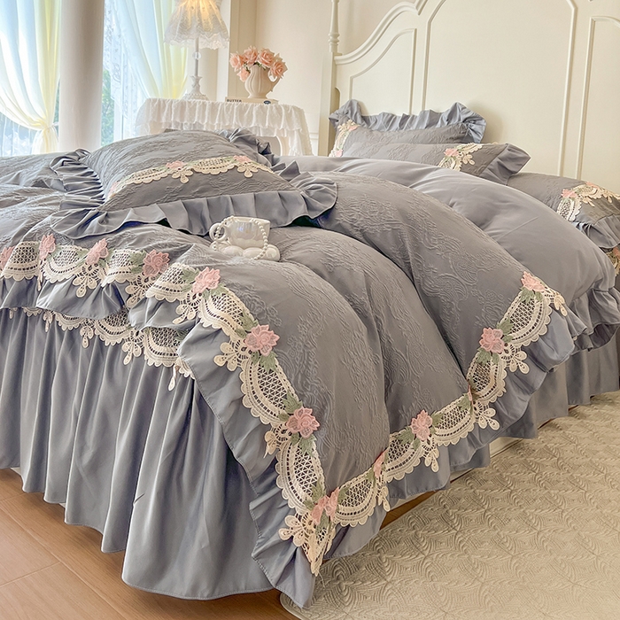 91家纺网 家纺一手货源 找家纺 网红馆（ck家纺） 2025新款水洗真丝蕾丝刺绣床裙四件套-慕尚 工装灰