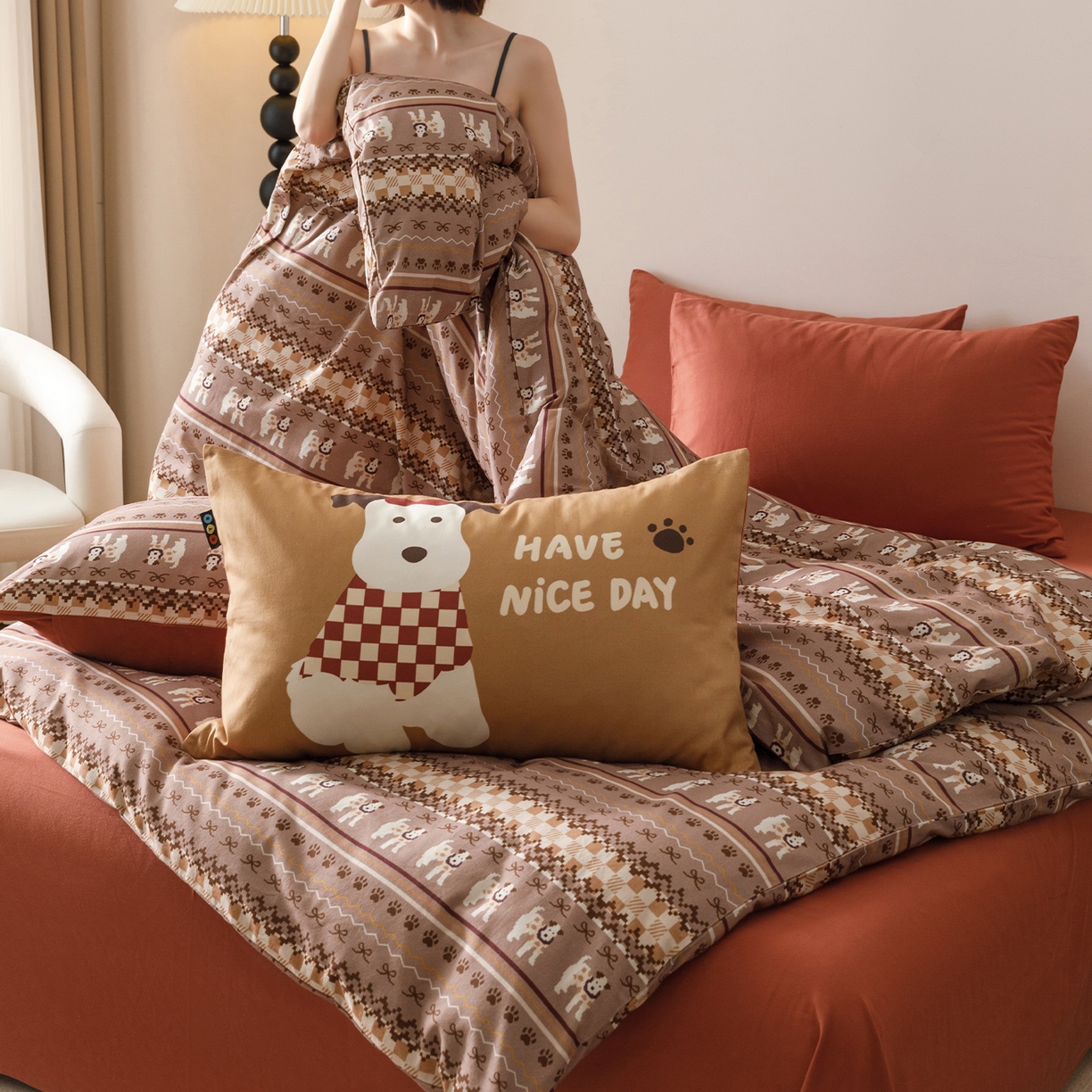 91家纺网 家纺一手货源 找家纺 RYB红黄兰 2025新款费尔岛系全棉纯棉加厚磨毛数码印花四件套 费尔岛小犬橘