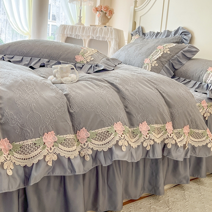 91家纺网 家纺一手货源 找家纺 网红馆（ck家纺） 2025新款水洗真丝蕾丝刺绣床裙四件套-慕尚 工装灰
