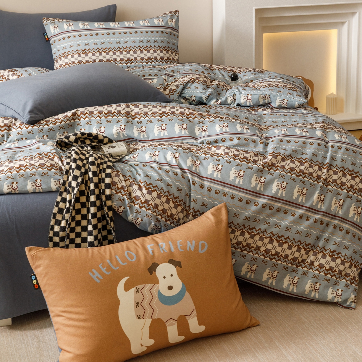 91家纺网 家纺一手货源 找家纺 RYB红黄兰 2025新款费尔岛系全棉纯棉加厚磨毛数码印花四件套 费尔岛小犬蓝