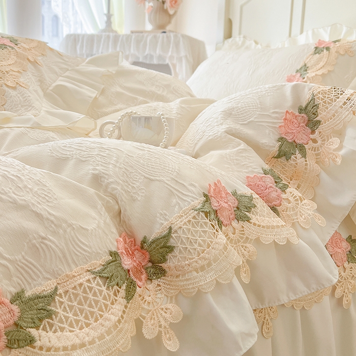 91家纺网 家纺一手货源 找家纺 网红馆（ck家纺） 2025新款水洗真丝蕾丝刺绣床裙四件套-慕尚 米白