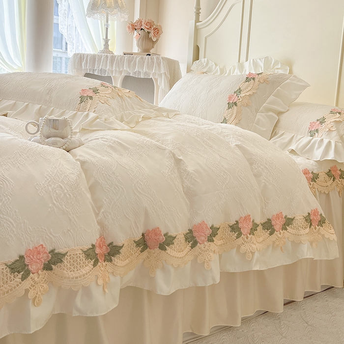 91家纺网 家纺一手货源 找家纺 网红馆（ck家纺） 2025新款水洗真丝蕾丝刺绣床裙四件套-慕尚 米白