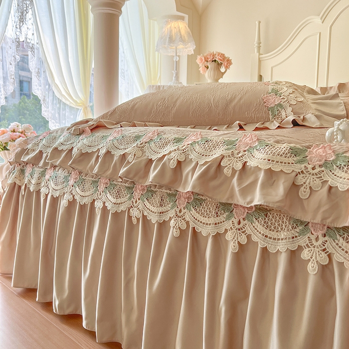 91家纺网 家纺一手货源 找家纺 网红馆（ck家纺） 2025新款水洗真丝蕾丝刺绣床裙四件套-慕尚 香槟