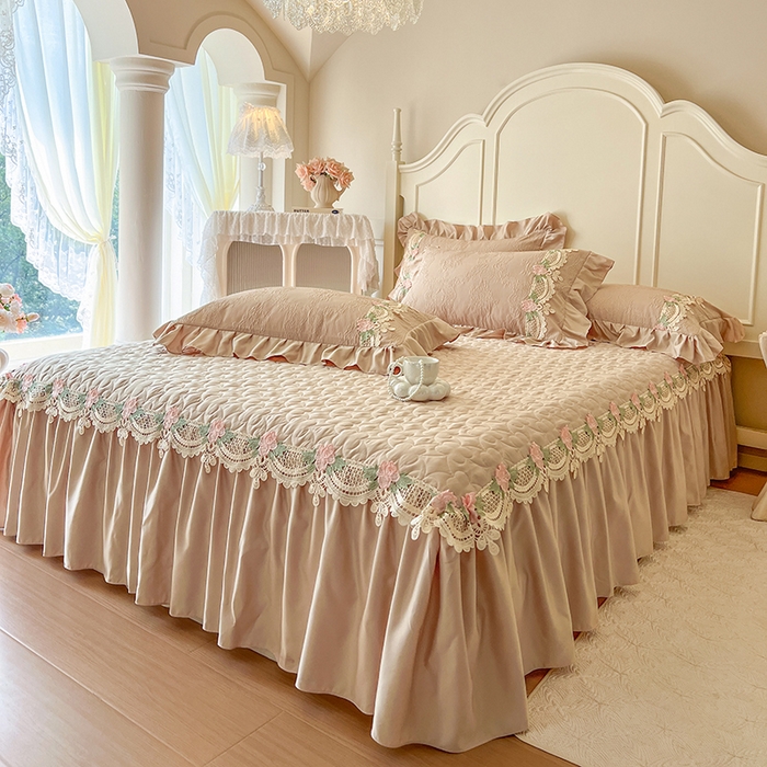 91家纺网 家纺一手货源 找家纺 网红馆（ck家纺） 2025新款水洗真丝蕾丝刺绣床裙四件套-慕尚 香槟