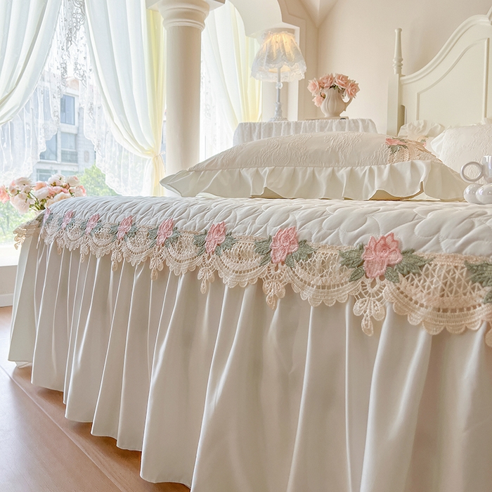 91家纺网 家纺一手货源 找家纺 网红馆（ck家纺） 2025新款水洗真丝蕾丝刺绣床裙系列-慕尚 米白