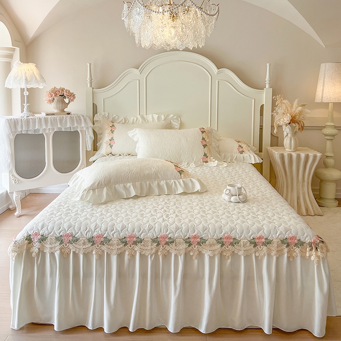 91家纺网 家纺一手货源 找家纺 网红馆（ck家纺） 2025新款水洗真丝蕾丝刺绣床裙系列-慕尚 米白