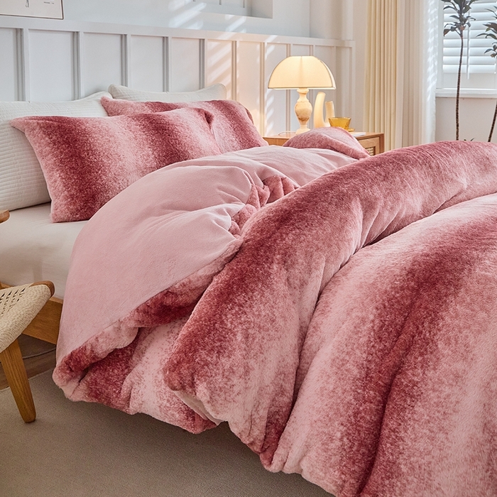 缘生活 2025新款仿兔毛绒渐变四件套 冬季专业产品 颜色简单大气 绒渐变四件套-粉色