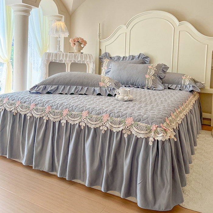 91家纺网 家纺一手货源 找家纺 网红馆（ck家纺） 2025新款水洗真丝蕾丝刺绣床裙系列-慕尚 工装灰