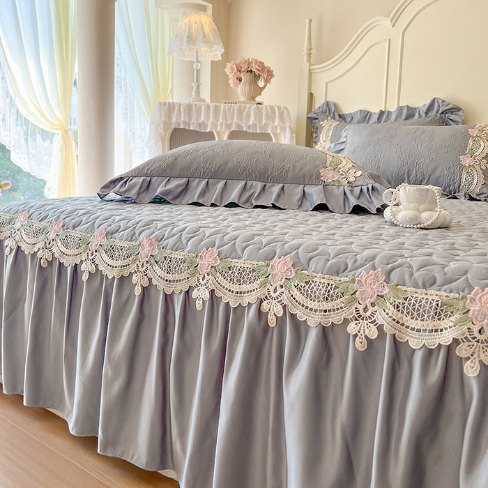 91家纺网 家纺一手货源 找家纺 网红馆（ck家纺） 2025新款水洗真丝蕾丝刺绣床裙系列-慕尚 工装灰