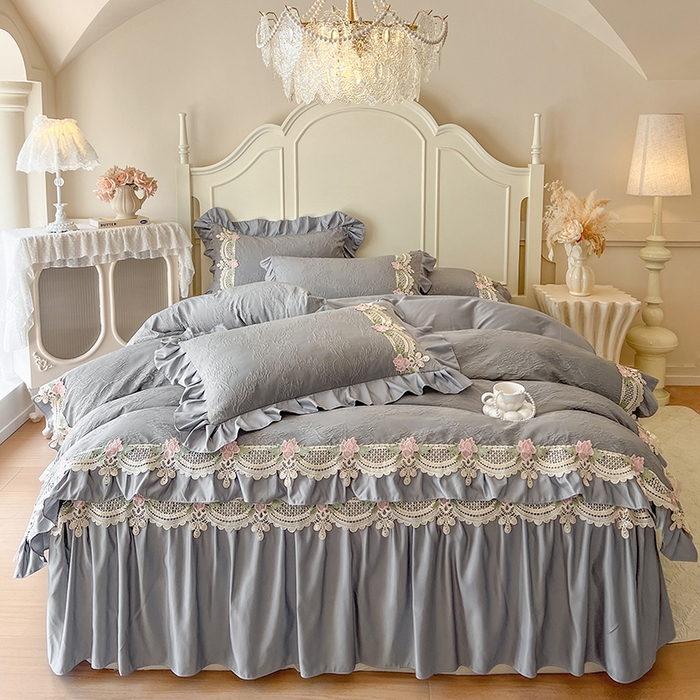 91家纺网 家纺一手货源 找家纺 网红馆（ck家纺） 2025新款水洗真丝蕾丝刺绣床裙系列-慕尚 工装灰