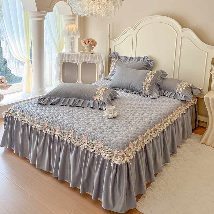 网红馆（ck家纺） 2025新款水洗真丝蕾丝刺绣床裙系列-慕尚 工装灰