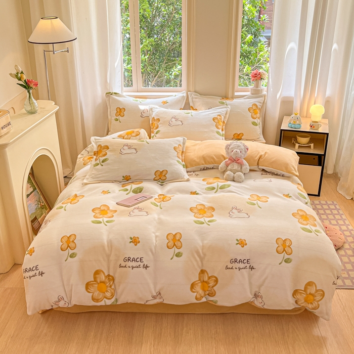 91家纺网 家纺一手货源 找家纺 沐慕 2025新款高克重牛奶绒四件套 牛奶绒-花漾兔