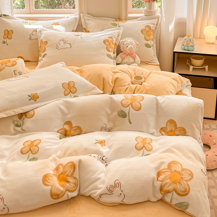 91家纺网 家纺一手货源 找家纺 沐慕 2025新款高克重牛奶绒四件套 牛奶绒-花漾兔