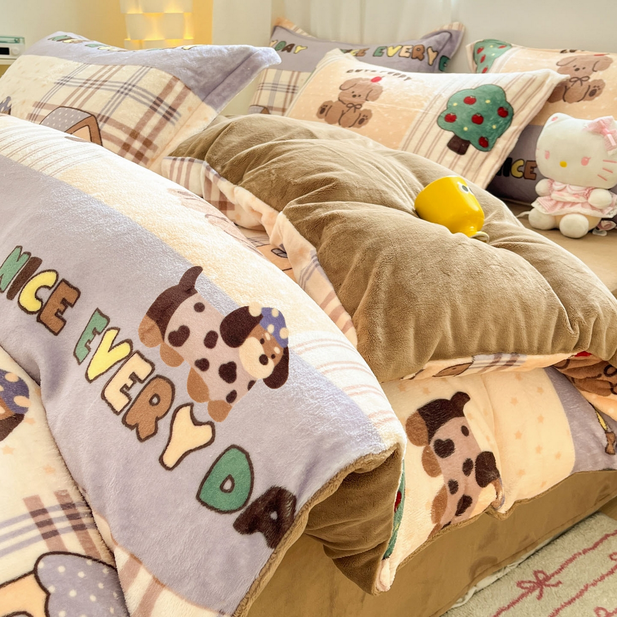 沐慕 2025新款高克重牛奶绒四件套 牛奶绒-卡其块块狗