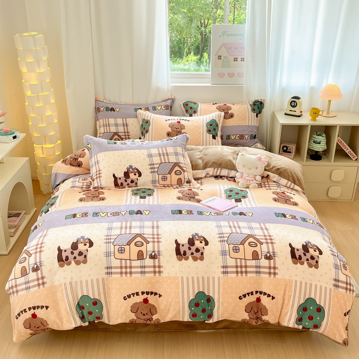 91家纺网 家纺一手货源 找家纺 沐慕 2025新款高克重牛奶绒四件套 牛奶绒-卡其块块狗